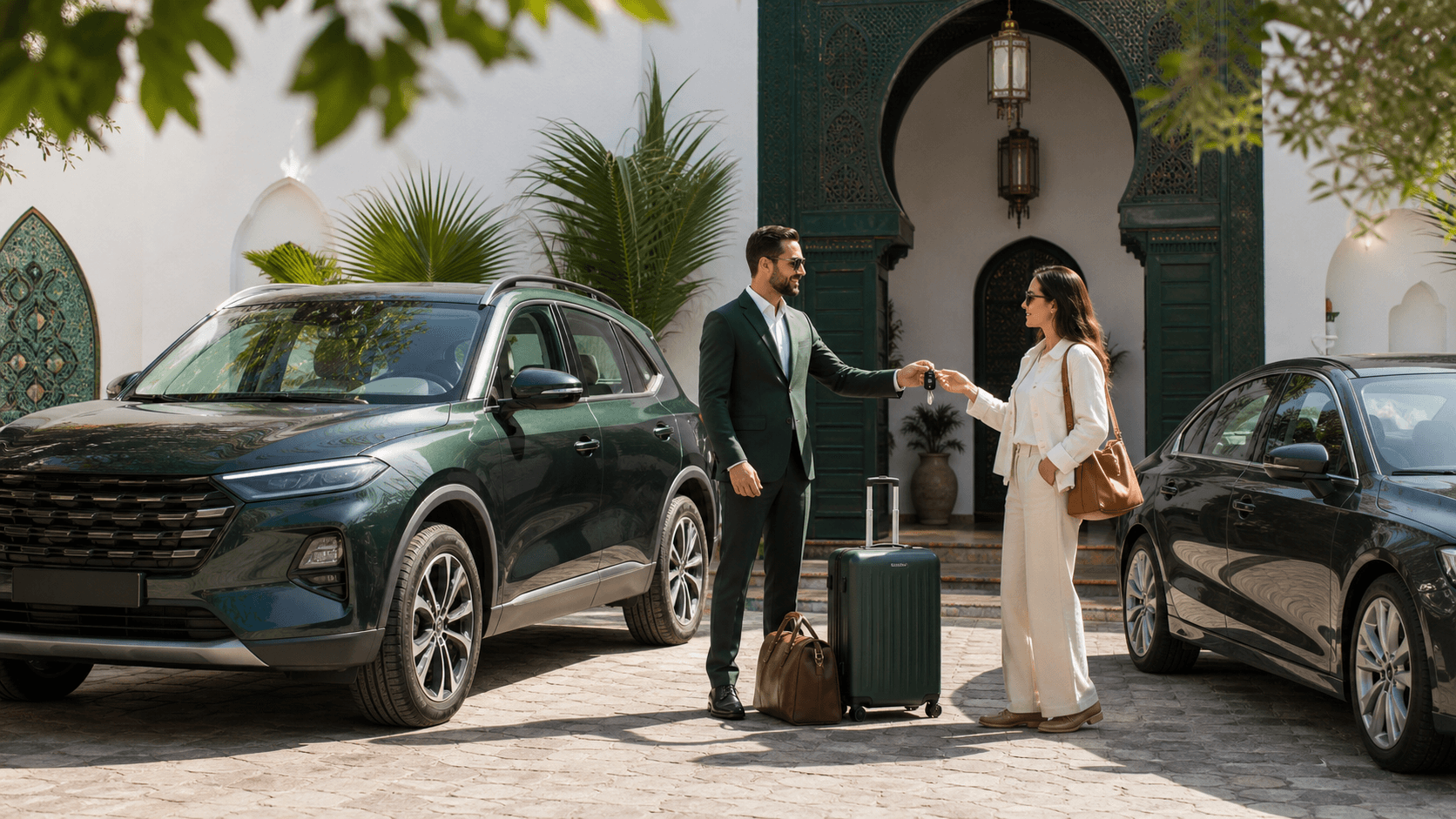 Car rental handover with SUV and sedan options in Moroccan courtyard